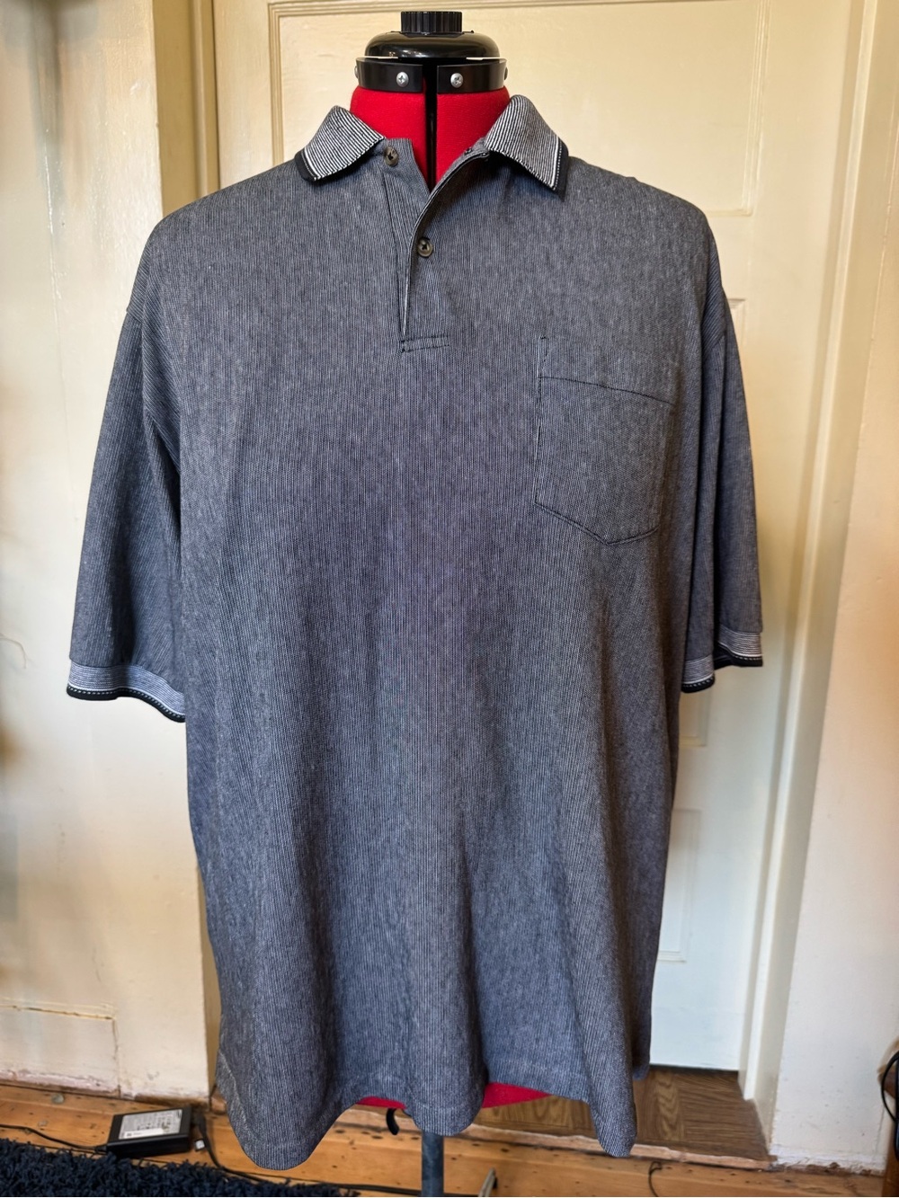 Men’s Gray Micro Stripe Polo Shirt 2XL/3XL Chest Pocket Contrast Collar